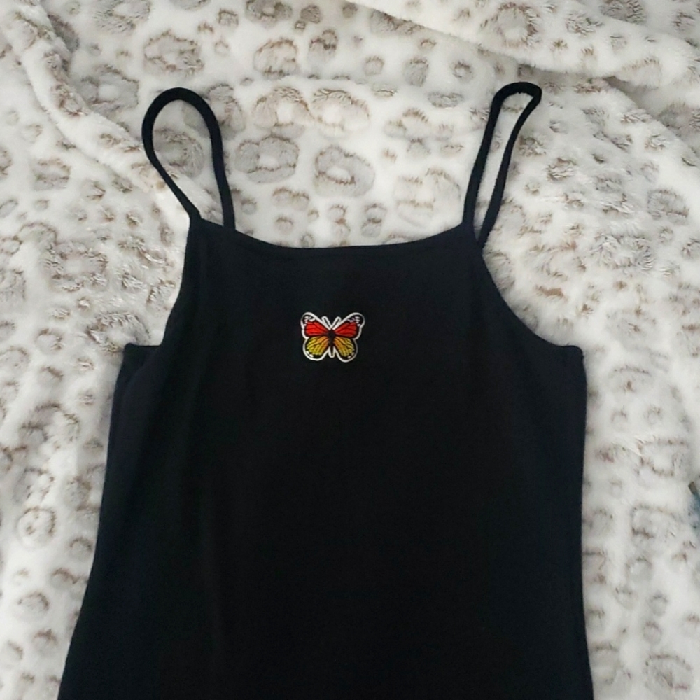 wild fable Black Spaghetti-Strap Tank with Red & Yellow Butterfly Patch